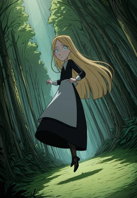 handsfree, masterpiece, best quality, amazing quality, very aesthetic, 1girl, solo, outdoors, forest, full body, looking at viewer, dynamic pose, dynamic angle,
robyn_maid_longhair, blonde hair, long hair, blue eyes, long sleeves, black dress, apron