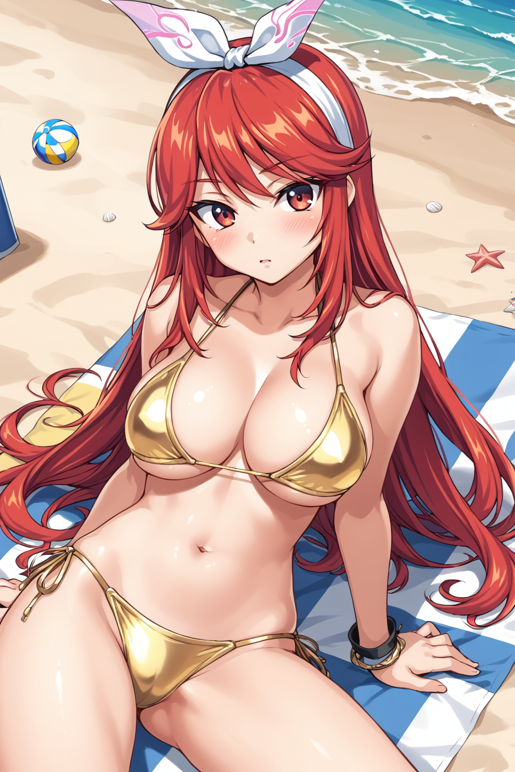 score_9, score_8_up, score_7_up, BREAK source_anime, masterpiece,
1girl, solo, hawatari mika, long hair, red hair, red eyes, hair band, large breasts, ribbon, <lora:mika_pony:0.6>
beach, gold bikini, blush,