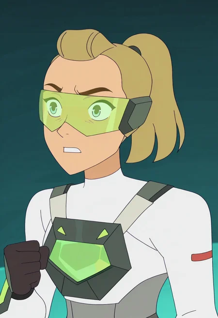 Spopstyle, upper body shot, CHAdora, CHAdora, ADOHair Style, ADWhite Outfit, HoTraining Gear, Green Visor, simple background,
BREAK 
Determined: Intense gaze, clenched fists, and a firm expression, showcasing unwavering resolve and focus