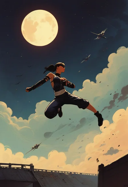 zPDXL3, safe_pos, score_9, score_8_up, score_7_up, score_6_up, score_5_up, score_4_up, 2D, Sinozick, flat gradients,traditional japanese art, very dark night, historical art, flat stylistic art, fighting stance, masterpiece, highres, 1girl, sexy ninja woman, dark ninja suit, descending from air, shadow, stealth, perfect detailed face, mystical, sensual, slim, night, moon, floating on clouds
