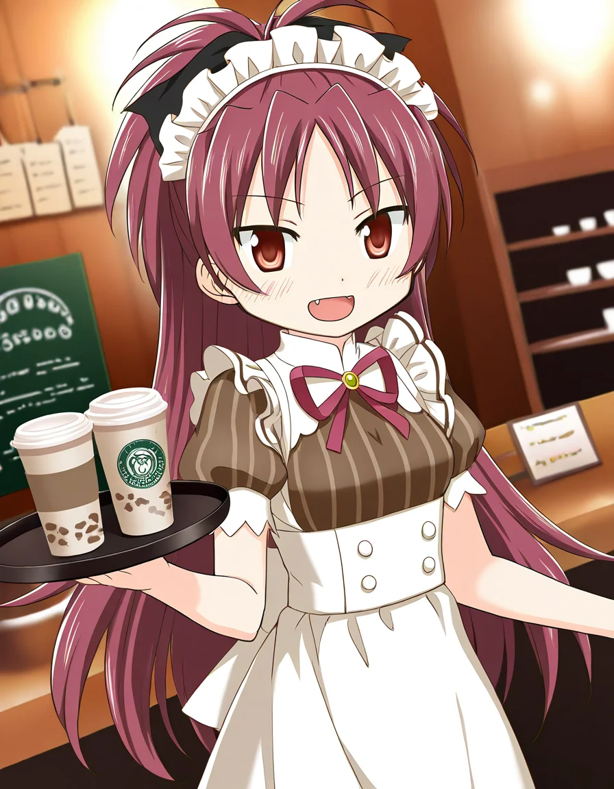 masterpiece, best quality, newest, absurdres, highres, safe, 1girl, sakura kyoko \(maid costume\), magia record: mahou shoujo madoka magica gaiden, solo, tray, coffee shop, dutch angle, <lora:sakura_kyoko_noobaiXLNAIXL_vPred10Version:0.7>
