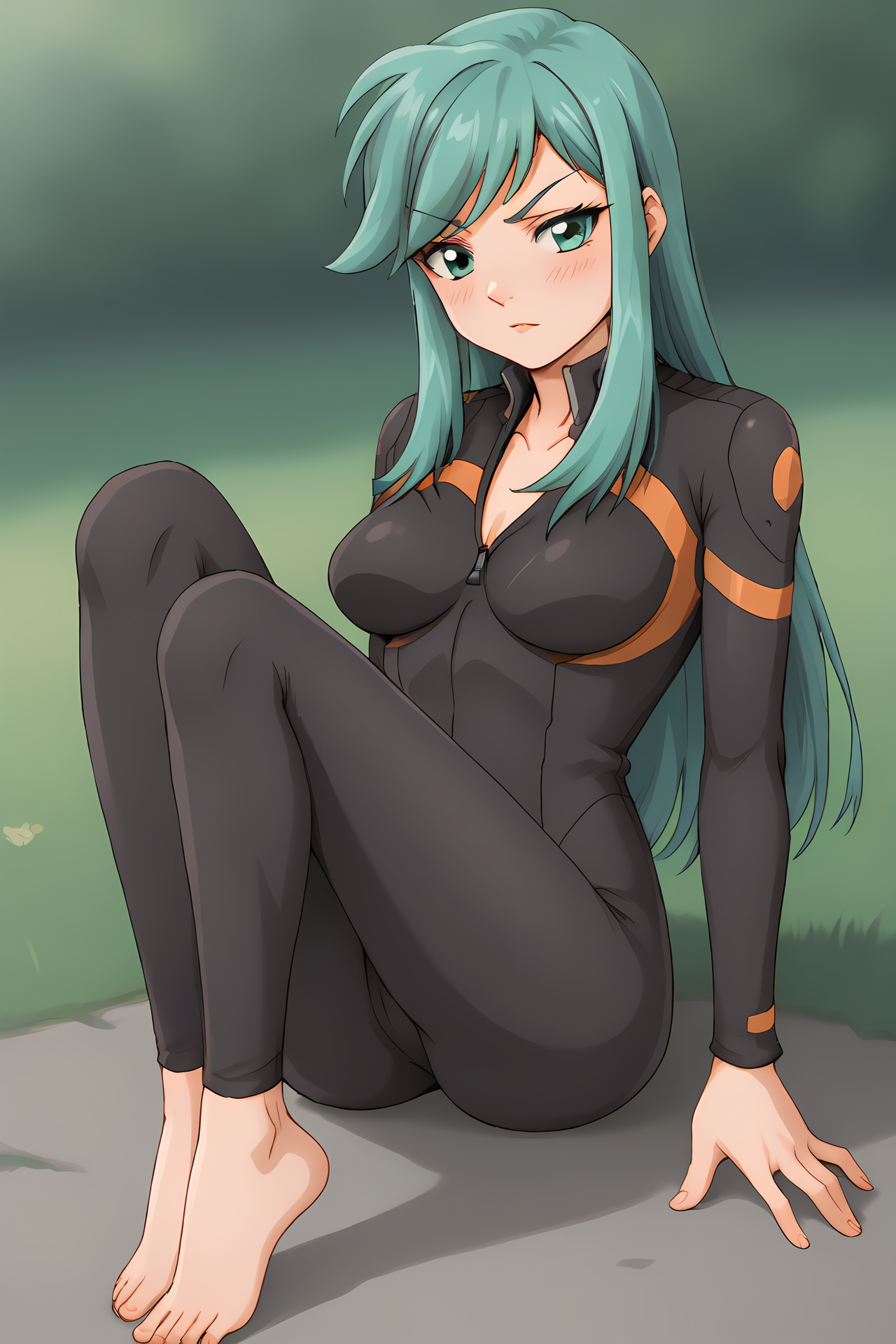 (bodysuit:1.60), cra-billy, green eyes, eyeliner, green hair, bangs, swept bangs, long hair, sidelocks, 
medium breasts, 1girl, solo, skinny, (source_anime, score_9, score_8_up, score_8, score_7_up), score_7, score_6_up, score_6, score_5_up, score_5, 
(blush:1.30),
(outdoors:1.10),
(close-up:1.20), (feet:1.20),
<lora:cra-billy-V04:0.90>
