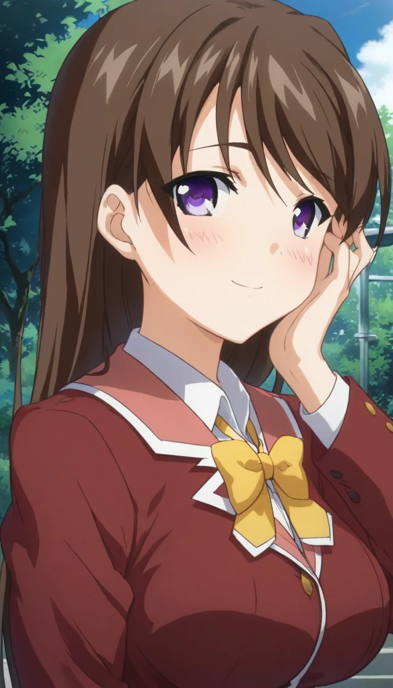 score_9,score_8_up,score_7_up,score_6_up BREAK official art,solo,outdoors,upper body,(portrait:1.5),looking at viewer,facing viewer,smile,blush,(petite:1.5),Akitsuki Marina,long hair,brown hair,bangs,purple eyes,school uniform,red jacket,blazer,yellow bowtie,collared shirt,white shirt,long sleeves,large breasts,miniskirt,pleated skirt,white skirt,white socks,loafers,<lora:Akitsuki Marina(oc)-Pony:1.5>,