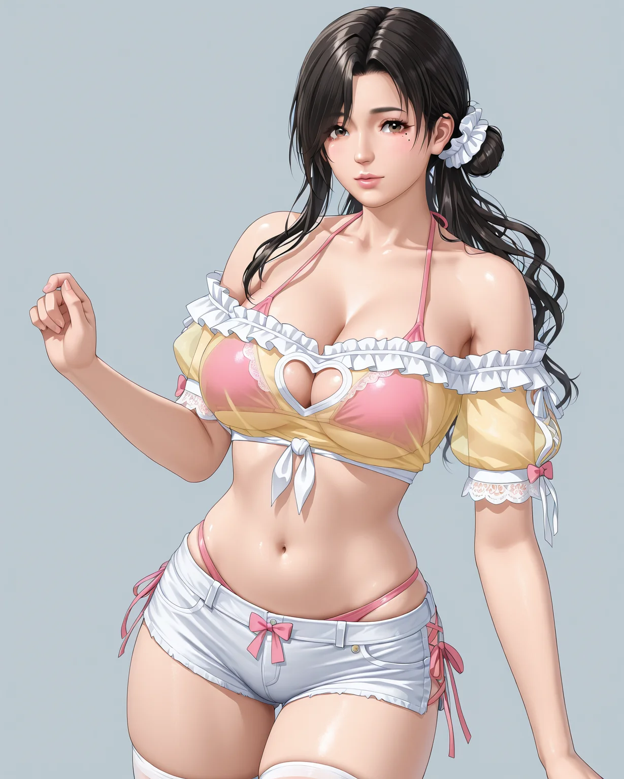 sayuri /(doa vv/),black hair,long hair,low hair bun,hair scrunchie,white scrunchie,ochre eyes,mole under eye,lips,large breasts,swimsuit under clothes,cleavage,pink bikini,crop top,see-through,heart cutout shirt,frilled shirt,off-shoulder shirt,yellow shirt,pink bow,midriff,short shorts,white shorts,shorts tie,thighhighs,white legwear,cowboy shot,solo,