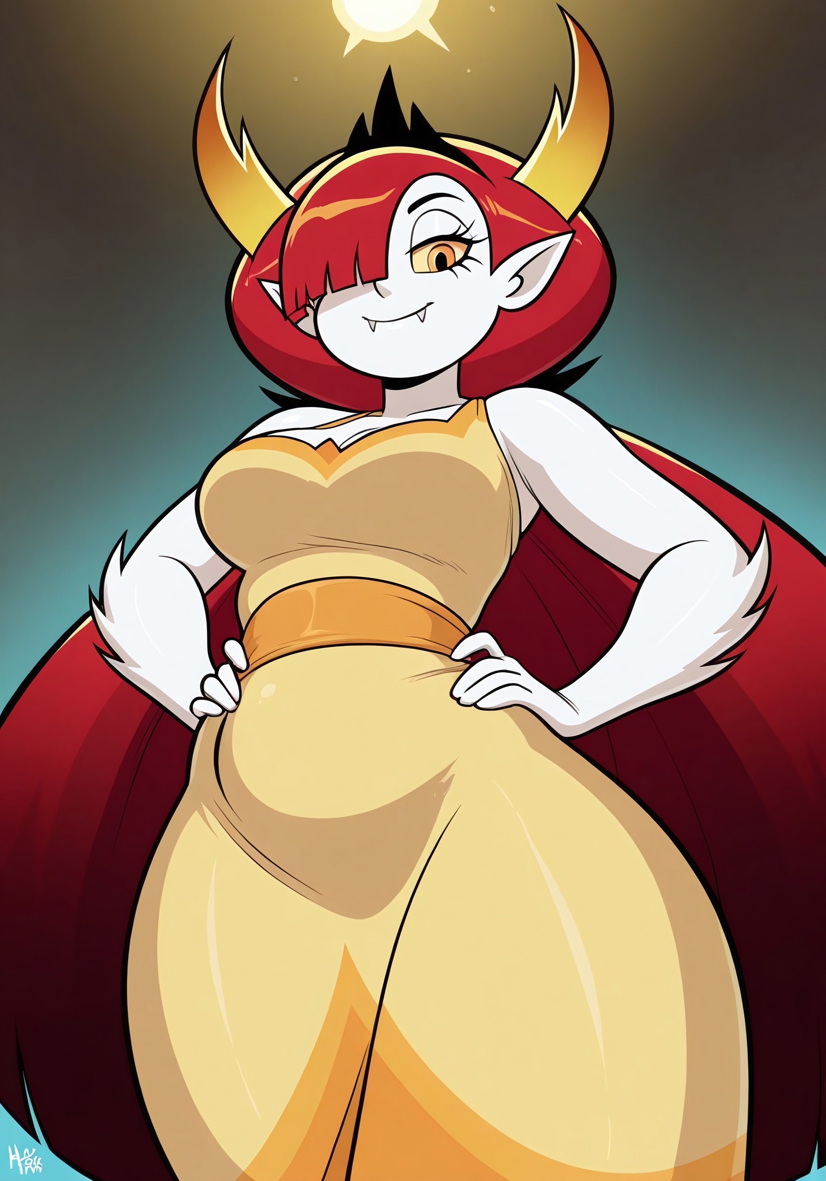 masterpiece, best quality, newest, absurdres, highres, 1girl, solo, amazing quality, good lighting,

red hair, horns, pointy ears, yellow dress, yellow eyes, long hair, white skin, very long hair, hair over one eye, tiara, fangs, hekapooILL

 looking at viewer, hands on hips, smiling, dynamic pose, dynamic angle, peace sign,  safe for work, sfw, elegant pose, thick, plump, 

source_cartoon, cartoon, (soft skin shading:1.4), (glistening highlights:1.3), (detailed hands:1.3), (smooth shading:1.4), (bold outlines:1.3), (soft lighting:1.3), (vibrant colors:1.4), dynamic angle, foreshortening