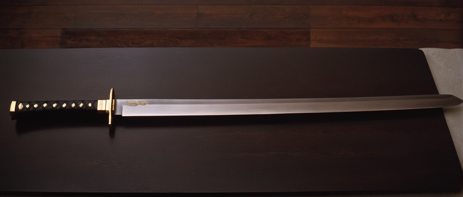 cinematic film still of  <lora:Kill Bill style:1>
From above, Cinematic film image of a large samuri sword with a black handle on a table,simple background,weapon,sword,grey background,gradient,gradient background,no humans,katana,black background,sheath,still life , Kodak film grain, dramatic light, dramatic shadow light, contrast, saturated color, cinematic, filmic, motion picture, realistic, realism, perfection, perfect, deep focus, clean image, Kill Bill style, Kill Bill Film Style, shallow depth of field, vignette, highly detailed, high budget, bokeh, cinemascope, moody, epic, gorgeous, film grain, grainy