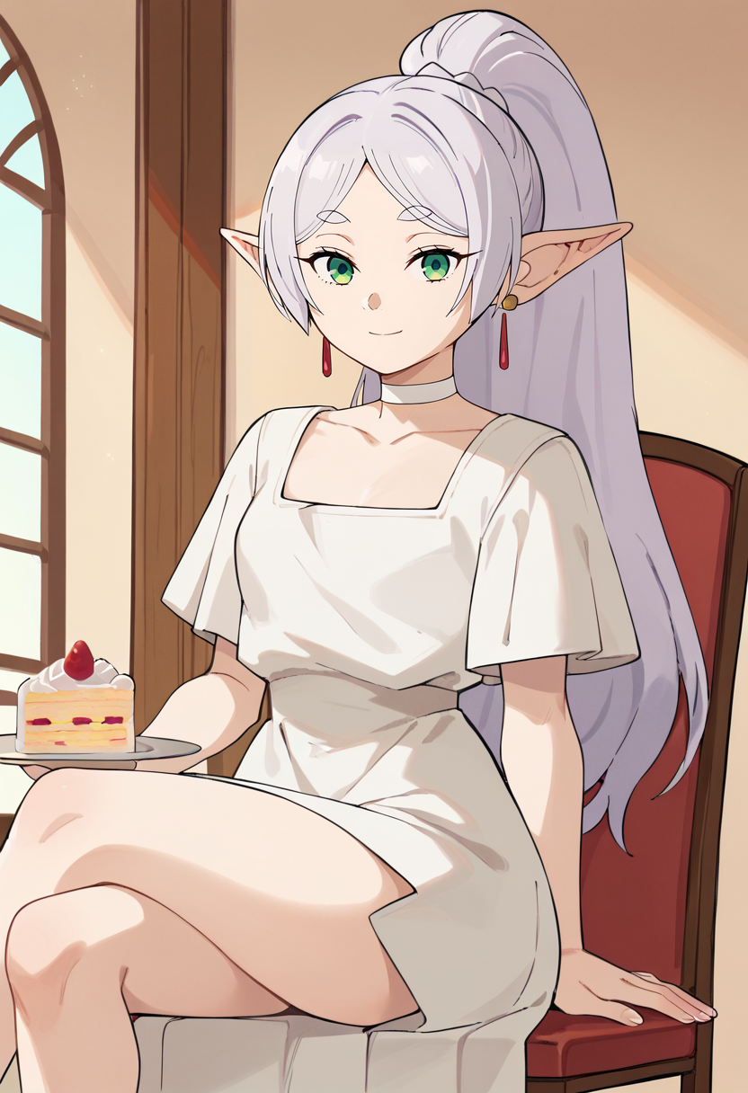 score_9, score_8_up, score_7_up,
<lora:SousouNoFrieren_FrierenXL:0.9>, FrierenSSnF,
1girl, solo, closed mouth, light smile,
grey hair, long hair, green eyes, ponytail, parted bangs, earrings, pointy ears, 
FrierenDance, white dress, short sleeves, white choker,
sitting, crossed legs, looking at the viewer, cake,
indoors