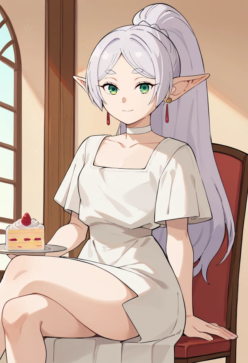 score_9, score_8_up, score_7_up,
<lora:SousouNoFrieren_FrierenXL:0.9>, FrierenSSnF,
1girl, solo, closed mouth, light smile,
grey hair, long hair, green eyes, ponytail, parted bangs, earrings, pointy ears,
FrierenDance, white dress, short sleeves, white choker,
sitting, crossed legs, looking at the viewer, cake,
indoors
