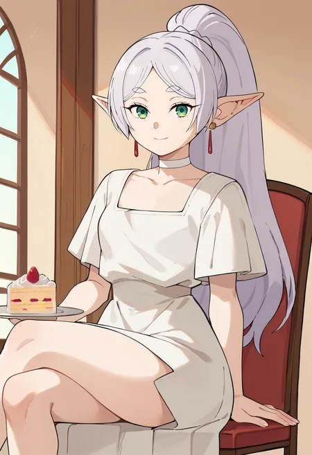 score_9, score_8_up, score_7_up,
<lora:SousouNoFrieren_FrierenXL:0.9>, FrierenSSnF,
1girl, solo, closed mouth, light smile,
grey hair, long hair, green eyes, ponytail, parted bangs, earrings, pointy ears,
FrierenDance, white dress, short sleeves, white choker,
sitting, crossed legs, looking at the viewer, cake,
indoors