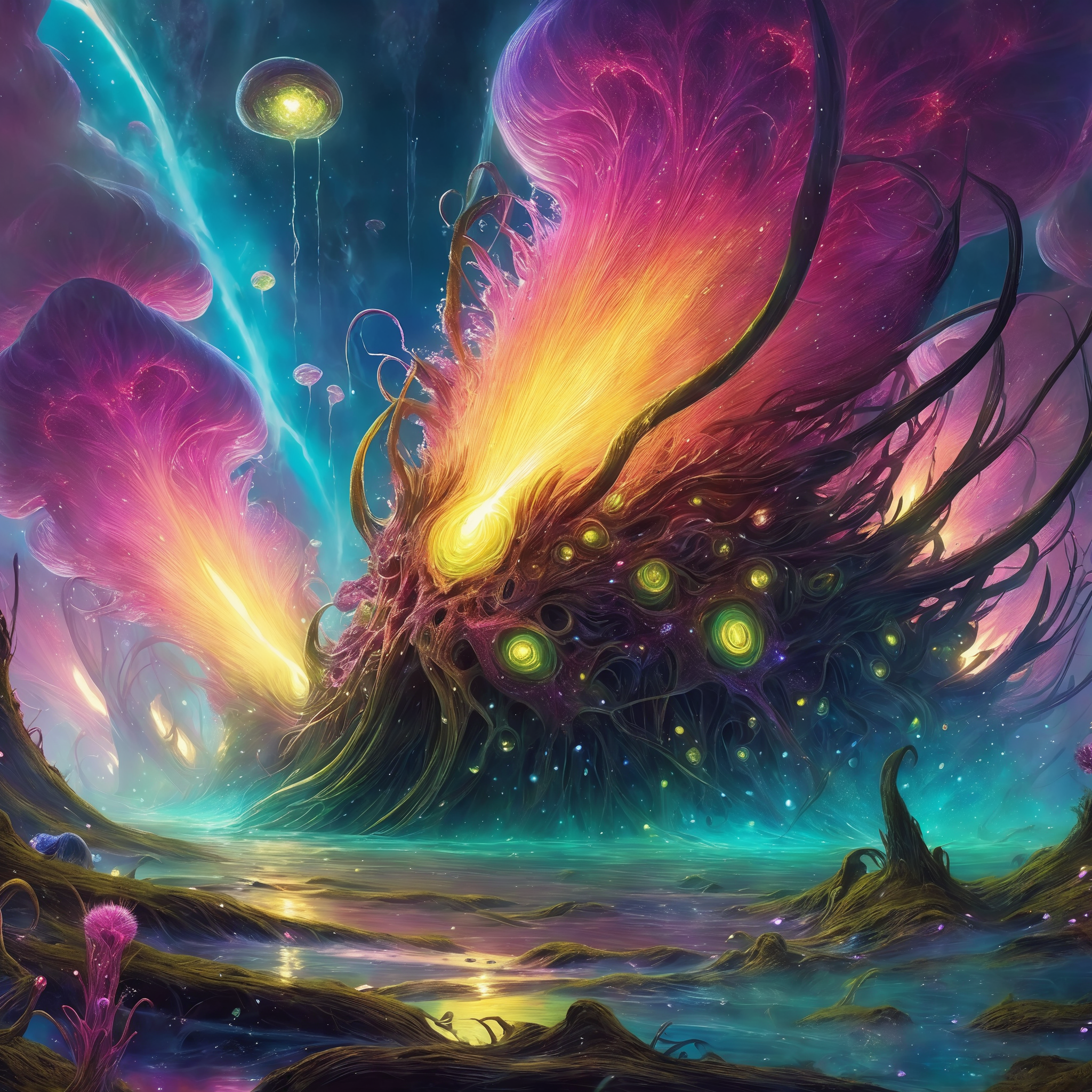 <lora:add-detail-xl:2.0>,  <lora:style-noah_bradley-xl:1.1>, noah bradley style, detailed expressive eyes, fantasy style, among the vibrant gozing flora of planet niflhalla, the brightly luminescent, ethereal amphibian waterchonk with tendrils of glowing snufflepuff drifts slowly through the air, emitting strange ripturbined cosmic energy light that seems to grunkle across the multiverse, extremely detailed, dramatic scene