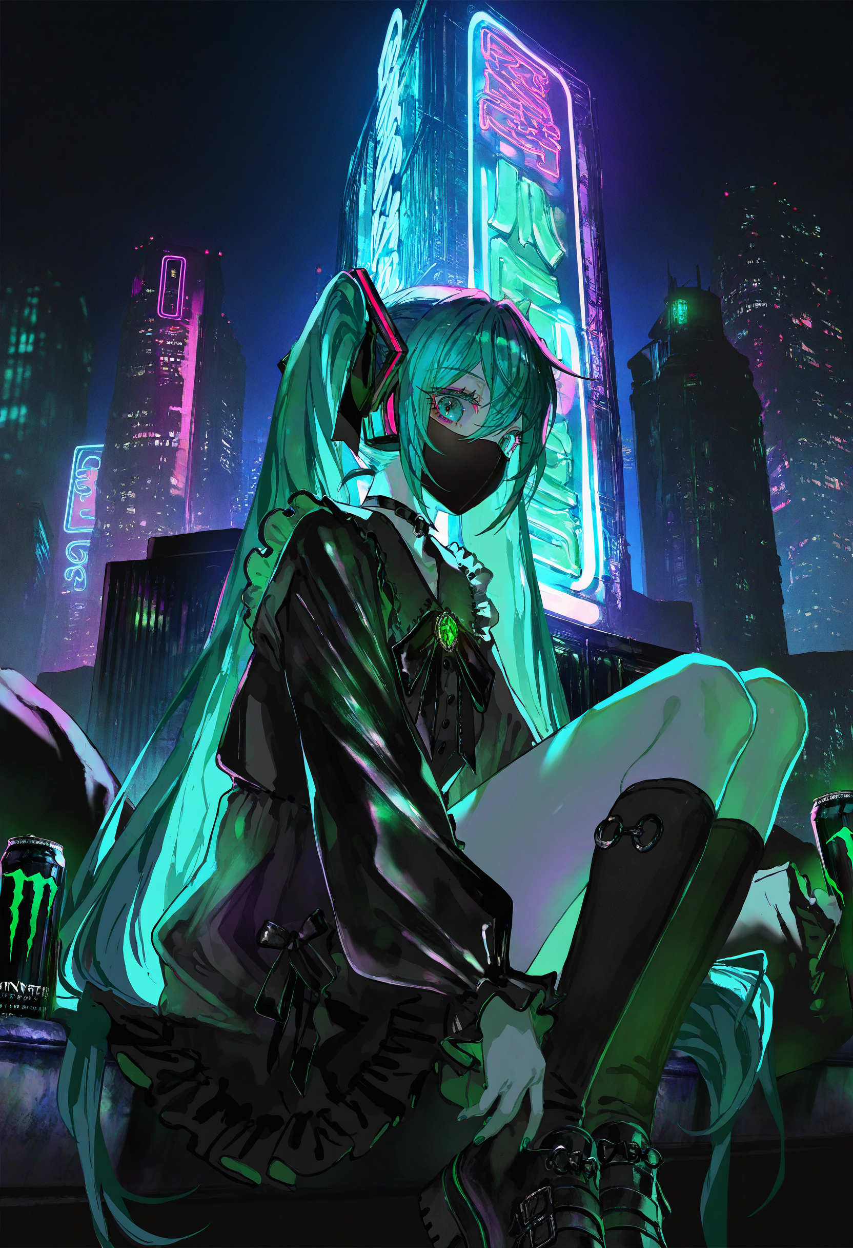 artist:[diyokama|fuzichoco|yoneyama mai|lam \(ramdayo\)|lifeline \(a384079959\)|quasarcake], hatsune miku, 1girl, limited palette, black mask, jirai kei, blacklighting, looking at viewer, upper body, from side,
[|green gemstone:10], kintsugi, bright inner glow, metalic paint, iridescent, scenery, dark, night sky, sitting, kneehighs, monster energy, neon lights, cityscape,
masterpiece, best quality, very awa, absurdres
<lora:noobai_vpred_1_green_emerald_v1:1>