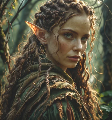 RAW photo, (masterpiece:1.3), subsurface scattering, heavy shadow, (high quality:1.4), (intricate, high detail:1.2), professional photography, HDR, High Dynamic Range, realistic, ultra realistic, photorealistic, high resolution, film photography, ambient lighting, atmospheric effects, <lora:detail_slider_v4:2>, OverallDetail, a female wildelf ranger, wild hair, in the forest, dynamic pose, <lora:Wildelf:1>, epiCPhoto