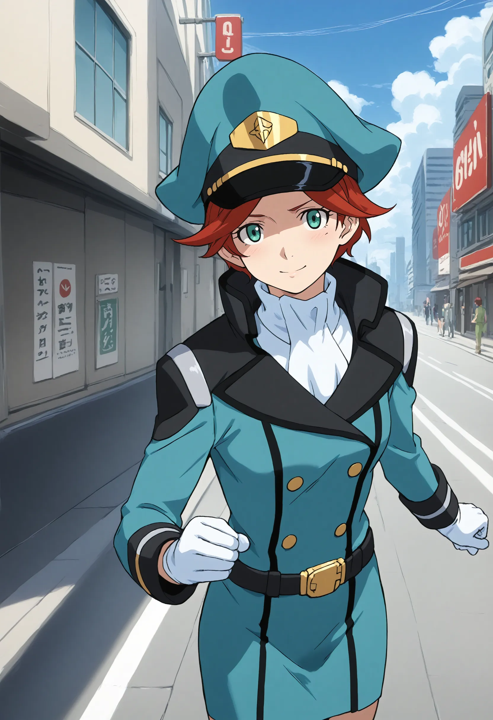 <lora:Hyper-SDXL-8steps-lora:1> <lora:Fixhands_anime_bdsqlsz_V1:1> zPDXL2, score_9, score_8_up, score_7_up, source_anime, intricate details, perfect anatomy BREAK
outdoors, city, tokyo, japan, audience, crowd, outdoors, cyberpunk, on motorbike, floating hair, looking at viewer, thighs, thighs, close-up, Flirty, A playful smile, arched eyebrows, and a slightly tilted head., 1girl, solo, solo focus, 
<lora:GAGE-natora_einus_XL(pony)v10:1> GAGE-natora, red hair, short hair, green eyes, green dress, white ascot, white gloves, belt, green pencil skirt, green pants, white boots, green peaked cap,
