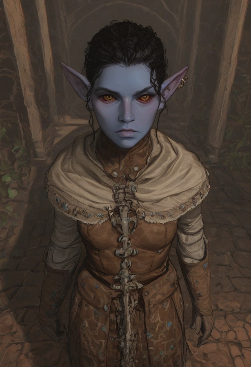 solo, short pointy ears, piercings, random elf face, aquiline features, female dark elf, brow rings, nose rings, beaded piercings, weathered skin, large nose, insect chitin armor, insect chitin helmet, insect chitin ornaments, stylized insect pattern, athletic build,  animated realism, zoomed out, Syrian features, torso, brass pipes and gears, intricate architecture, dwarven masonry, dwemer fixtures, white-green light, gloomy lighting, ancient ruins, interior, stone tiled floor, grey-blue skin, mahogany and ivory clothes, medium armor, bone plate armor, ivory straps and fittings, alien bone ornaments, grey wood neckguard, red sclera, black pupils, blue-green light, neon, highly detailed, defined features, looking at viewer, three quarters view, from above, dynamic lighting, 19 years old, light and shadows, patterned cloth, annoyed expression, expressive eyes, detailed medieval clothes, medium_breasts, short hair, wavy hair, thick hair, beaded hair, braided hair, under cut hair, semirealistic, alien elf, spanish features, jewish features, black hair, dark red hair, umber skin, sharp features, pastel green inuit print cloak, nighttime, high detail, absurdres, pretty eyes, detailed eyes, yellow eyes,