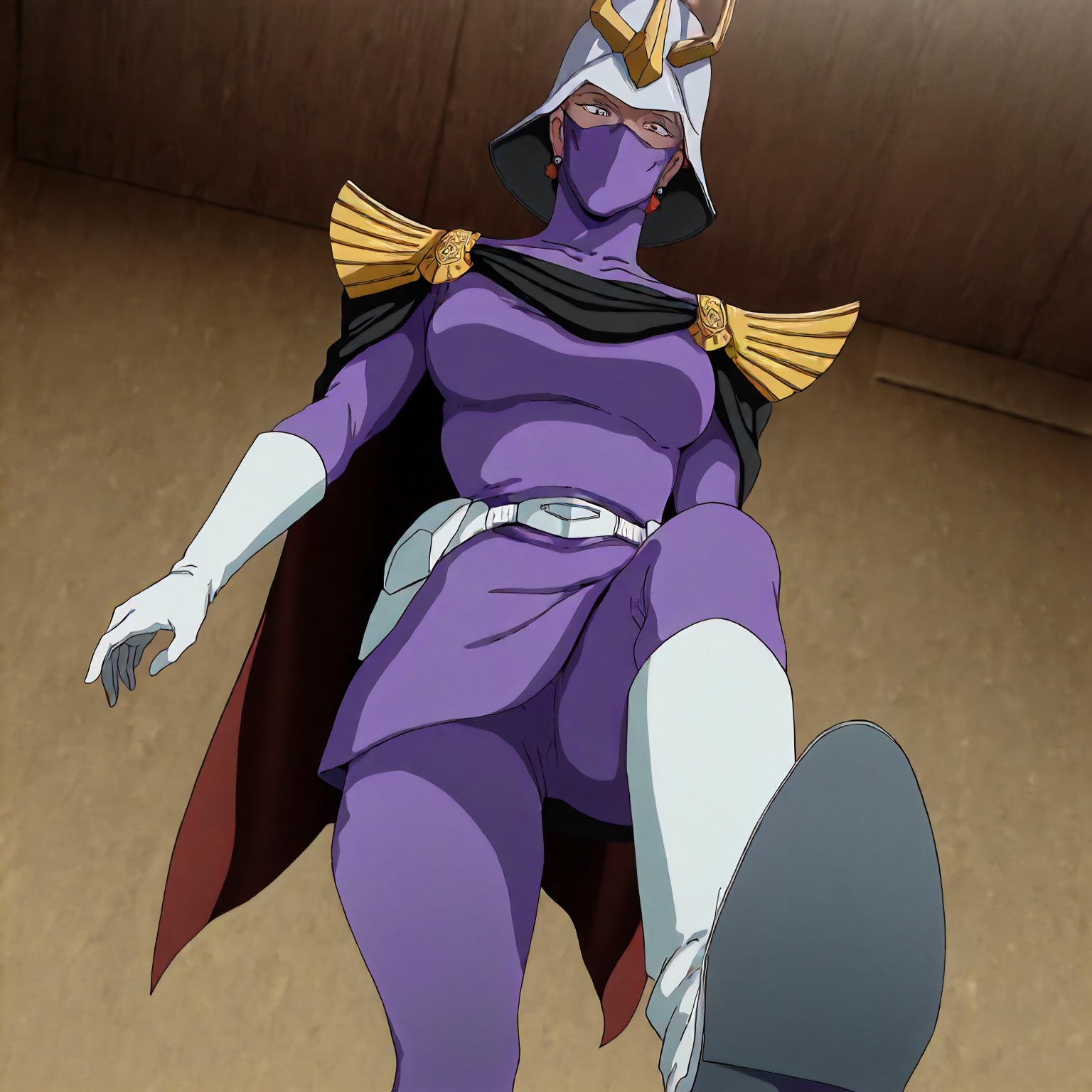 <lora:GOKycilia>,
masterpiece,best quality,good quality,newest,
from below,looking down,looking at viewer,
solo,
GOKycilia,1girl,orange hair,helmet,mask,ninja mask,red eyes,earrings,
purple military uniform,white belt,cape,capelet,white gloves,white boots,
standing,stepping on,shoe_soles,