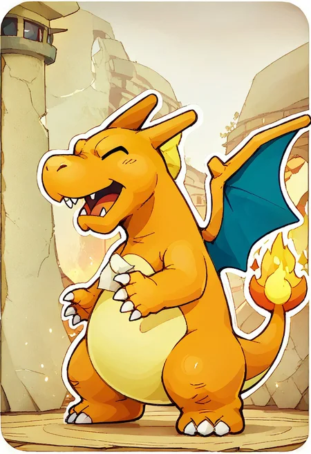 score_9, score_7_up,
solo, pokemon \(creature\), feral, wings, flame-tipped tail, orange skin, claws, digitigrade, dot eyes,
full body, cheerful, white outline,
Expressiveh, (innv:0.4), (paper_mario_style), zzCitronCAT,