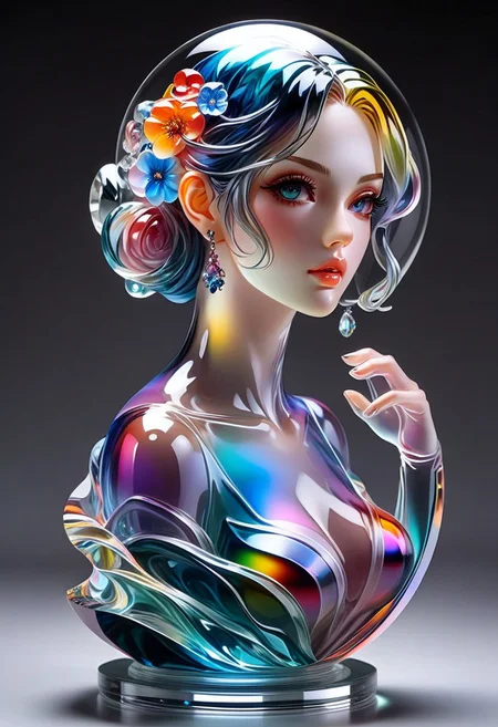 FFAOR, Anime realistic, a woman glass statue, colorful and transparent
