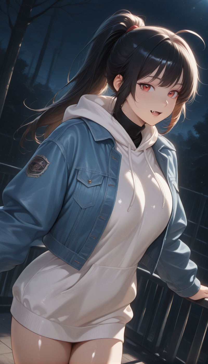 <lora:LCMTurboMix_Euler_A_fix:1> <lora:example_SDXL:0.3>, EZRealPONYXL, <lora:Dramatic Lighting Slider:3>
DSLR,realistic,cosplay photo, (very awa,masterpiece,best quality,year 2024,newest,absurdres,highres:1), realistic,skin texture,facial features, photography shot with Canon EOS 5D Mark IV , realistic, RAW, best quality, masterpiece, amazing quality, skin details,
1girl, highly detailed beautiful face, large natural breasts,
detailed background, shiny skin, dutch angle, night, moonlight,
beautiful detailed eyes, intricate details, absurdres, anime screencap,
 <lora:YoakenoNanashi_Vtuber_kill0825:1>
VTNanashi, long hair, black hair, red eyes, fang, ahoge, sidelocks,
long sleeves, jacket, ponytail, thighs, open clothes, hood, mole, open jacket, sweater, black shirt, hoodie, hood down, blue jacket, denim, white hoodie, undershirt, denim jacket, shirt, turtleneck, 
Dynamic pose,