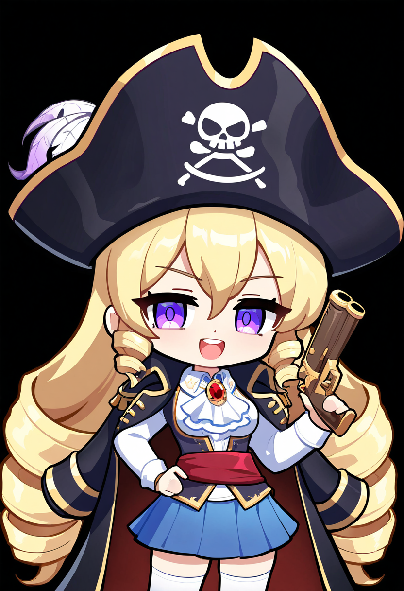 masterpiece, best quality, newest, absurdres, highres,chibi,1girl, drill hair, hat feather, long hair, weapon, solo, thighhighs, hat, blonde hair, gun, holding weapon, skirt, pirate hat, holding, smile, holding gun, white thighhighs, gem, very long hair, twin drills, coat, purple eyes, hand on own hip, open mouth, shirt, white background, ascot, long sleeves, looking at viewer, white shirt, white ascot, upper teeth only, pleated skirt, coat on shoulders, zettai ryouiki, feathers, blue skirt, purple gemstone, collared shirt, jacket on shoulders, simple background, teeth, brooch, jewelry, breasts, antique firearm, pirate, handgun, hand up, hair between eyes, cowboy shot, sash, black headwear, :d, red gemstone, white feathers,<lora:maplestory-000011prodigy:1>