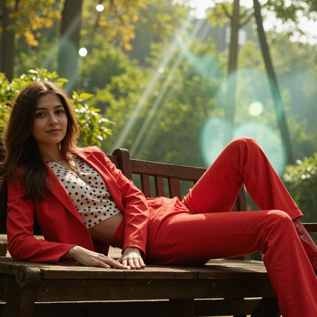 A whimsical 1970s-inspired portrait of a woman in a bold red suit, reclining on a rustic bench amidst a surreal, glowing park filled with exaggerated colors and dreamlike lighting. The subject is a charismatic woman with flowing, exaggeratedly voluminous dark hair that seems to shimmer in the ethereal light of the scene. Her relaxed pose on the bench is both confident and whimsical, with her arm draped lazily over the backrest and one leg casually hanging over the side. Her radiant smile and sparkling eyes give her an almost mythical presence, as though she’s the centerpiece of a dreamlike moment.