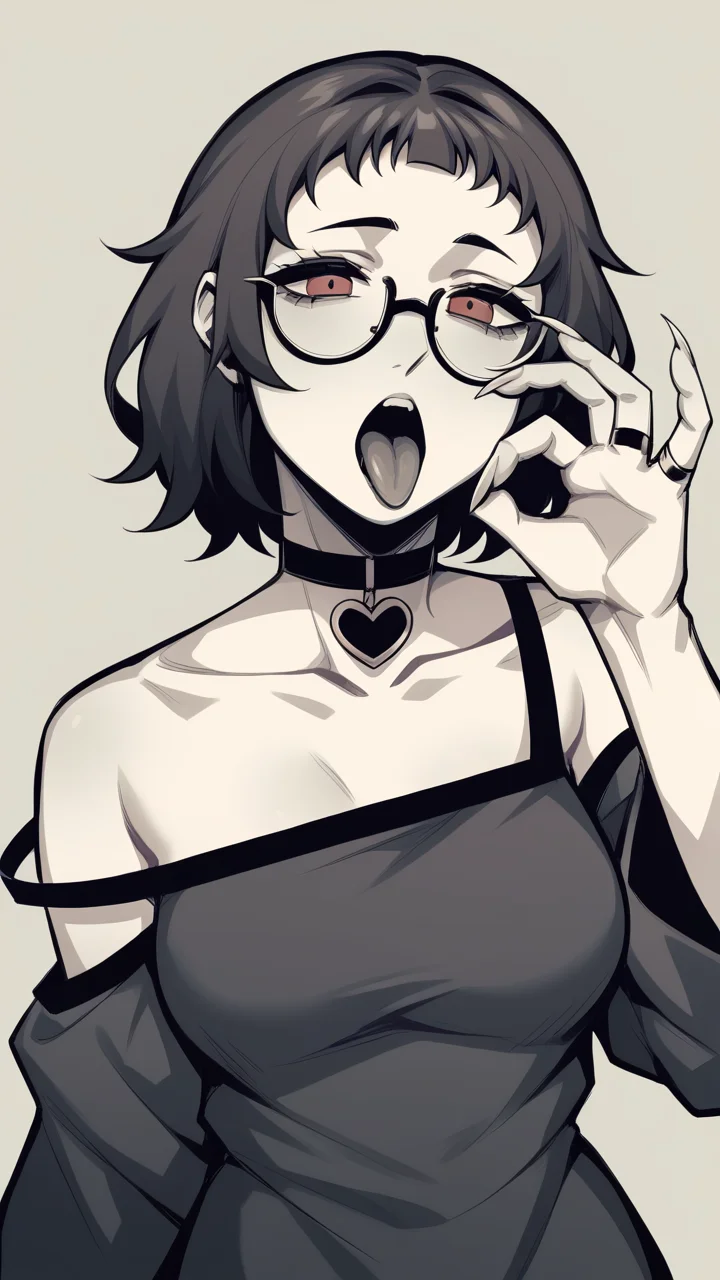 score_9, score_8_up, score_7_up, <lora:Smooth Style 2 SDXL_LoRA_Pony Diffusion V6 XL:0.0>, <lora:Milk-chan LoRA for Pony Diffusion XL:1>, m-chan, 1girl, bare shoulders, breasts, choker, collarbone, detached sleeves, dress, eyelashes, fellatio gesture, fingernails, glasses, greyscale, heart, heart choker, jewelry, monochrome, ring, sharp fingernails, solo, teeth, tongue, tongue out, upper body, upper teeth only,,