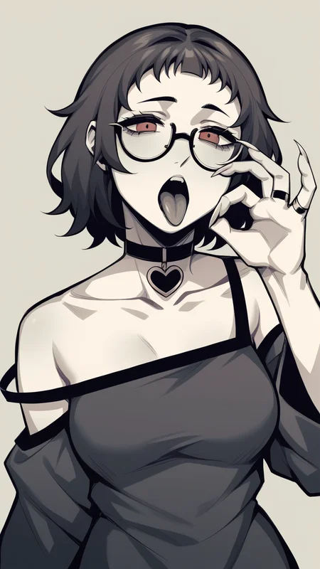 score_9, score_8_up, score_7_up, <lora:Smooth Style 2 SDXL_LoRA_Pony Diffusion V6 XL:0.0>, <lora:Milk-chan LoRA for Pony Diffusion XL:1>, m-chan, 1girl, bare shoulders, breasts, choker, collarbone, detached sleeves, dress, eyelashes, fellatio gesture, fingernails, glasses, greyscale, heart, heart choker, jewelry, monochrome, ring, sharp fingernails, solo, teeth, tongue, tongue out, upper body, upper teeth only,,