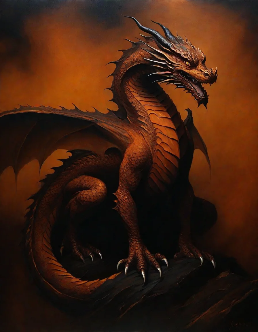 masterpiece, professional artwork, (oil painting:1.5), Rust theme, (black background), upper body painting of a dragon, looking at viewer, surrounded by fog <lora:Dark_Fantasy_Painting_SDXL:0.8>
