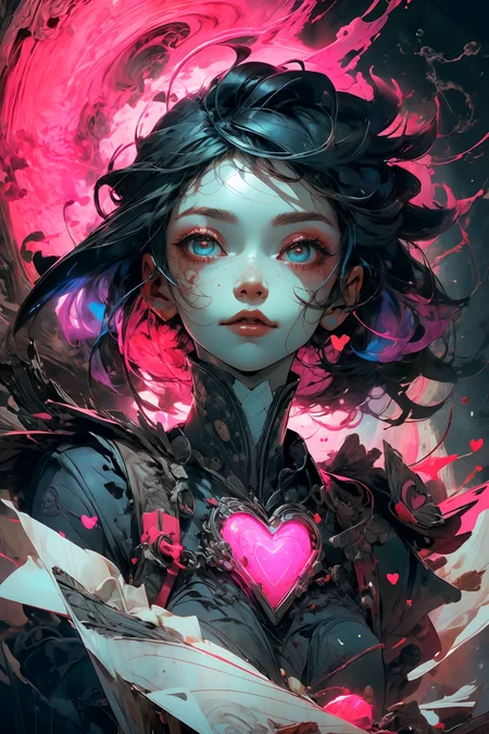 illustration, cartoon, soothing tones, calm colors, (solo:1.1), a digital arf of a undead girl, (pink, heart, love:1.1), wounds, (deathcore:1.2), mistery pink forest, extreme detail, paper texture, 2d, (pascal campion:0.38), vivid colors, (painting art:0.06), [eclectic:clear:0.8], slate atmosphere, cinematic,  muted colors, film grainy, lut
<lora:more_details:0.4>
 <lora:Cosmic anime-oil fusion v2:0.45> 
<lora:AnimeVibesV3:0.3> animevibes, 
<lora:3DMM_V11:0.5> 3DMM 
<lora:midjourney_20230624181825:0.7> midjourney ,
 <lora:LAS:0.5> cloud,colorful,
<lora:msw_locon-t2:0.6>
 <lora:wuxia2:0.6> gu,
 <lora:CyberpunkStyleV1:0.2> PunkAI ,
<lora:CatgirlMaidV1.0-000003:0.35> CatgirlMaid, shiny, shiny hair, shiny skin, shiny clothes