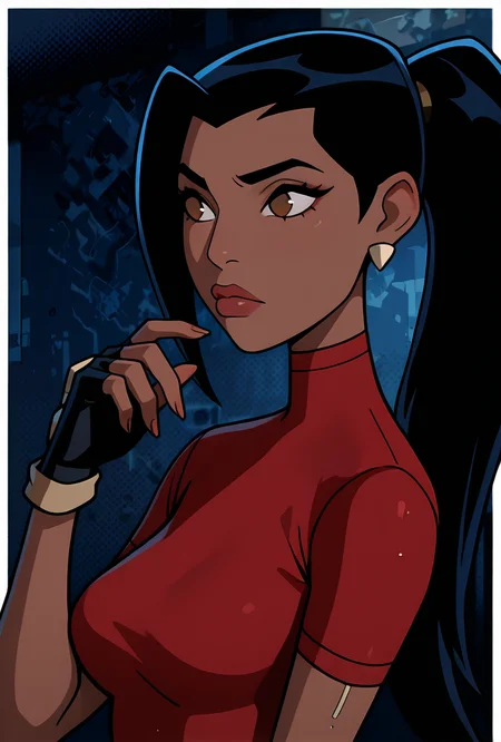 <lora:ovkai-10:1> ovkai, 1girl, long hair, black hair, dark skin, ponytail, earrings, lips, red shirt, short sleeves, turtleneck, fingerless gloves, cartoon, masterpiece, best quality, amazing quality, very aesthetic, absurdres, newest,, upper body, halftone effect, white borders, abstract background:1.2,