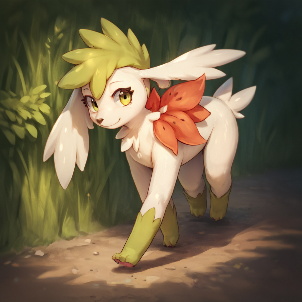 score_9, score_8_up, score_7_up, score_6_up, score_5_up, score_4_up, source_anime,  Shaymin_Poke, creature, walking up to viewer, smile