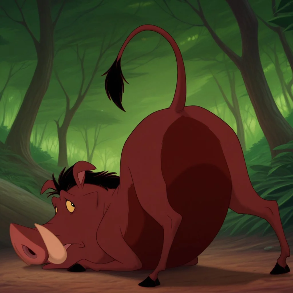 masterpiece, best quality, amazing quality, Pumbaalkil, feral, male, warthog, brownish-red fur, tusks, yellow sclera, black eyes, black hair, black tail tuft, hooves, from behind, top down bottom up, forest, looking back