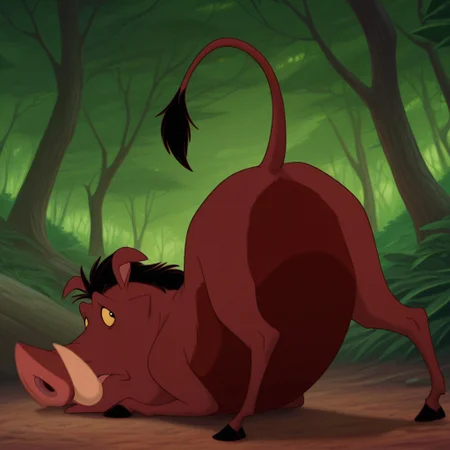 masterpiece, best quality, amazing quality, Pumbaalkil, feral, male, warthog, brownish-red fur, tusks, yellow sclera, black eyes, black hair, black tail tuft, hooves, from behind, top down bottom up, forest, looking back