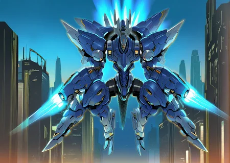 sfw, masterpiece, best quality,absurderes,no humans,arm cannon,dorugoramon mecha,thrusters,solo,robot focus,outdoors,city,cyberpunk 2077 <lora:DorugoramonIllustrious:0.9>