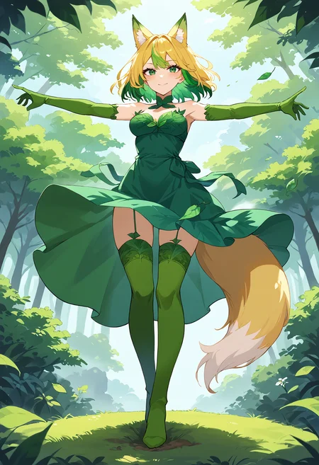 score_9, score_8_up, score_7_up, fox girl, 1girl, long green hair, yellow hair, fox tail, two-tone hair, watson cross ,green eyes, leaf dress, leaves ice fox, breasts, leaf lingerie, green elbow gloves,green thighhighs, tpose, t-pose, blush, standing, spread arms, full body, light smile, wind, from below, rating_safe
<lora:T-Pose (pony) v1:1>