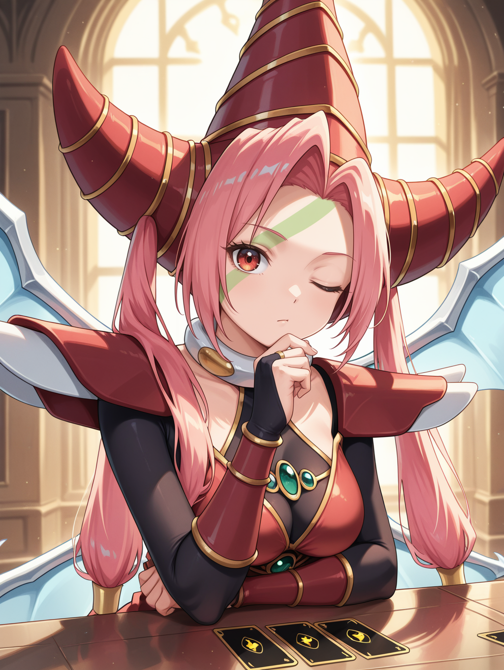 T.G. Wonder Magician, 1girl, solo, hand on own chin, one eye closed, looking at viewer, upper body, closed mouth, green facial mark, card, twintails, black bodystocking, dragon wings, gold hair tubes, red dress, red gauntlets, red wizard hat, red shoulder armor,
masterpiece,best quality,amazing quality,very aesthetic,apussbsurdres,newest,<lora:T.G. Wonder Magician illuXL v1:0.75>,