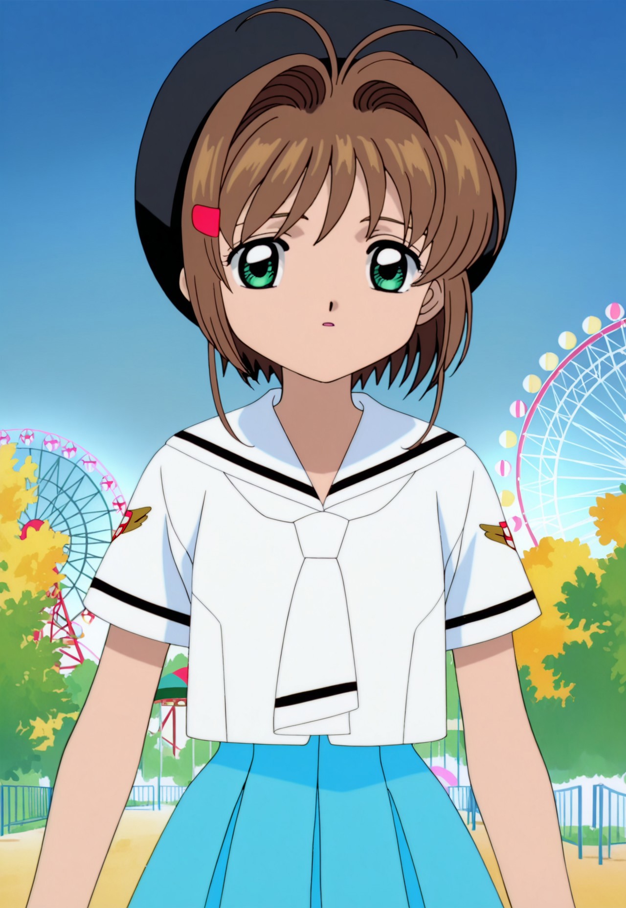 on-model, accurate art style, anime screencap, anime coloring, show accurate, cartoon screencap, movie accurate, official screencap, style parody, flat colors, official art, proper proportions, extremely detailed, newest, 2024, BREAK, 1girl, CCS_Sakura, kinomoto sakura, brown hair, short hair, bangs, antenna hair, hair intakes, green eyes,  hat, white sailor collar, short sleeves, white shirt, hairclip, skirt, shirt, hair ornament, blue skirt, sailor collar, black headwear, BREAK, detailed background, outdoors, amusement park, BREAK, POV, cowboy shot, BREAK, vibrant colors, cinematic lighting, 75% soft lighting, 25% dark lighting, cardcaptor sakura movie 1