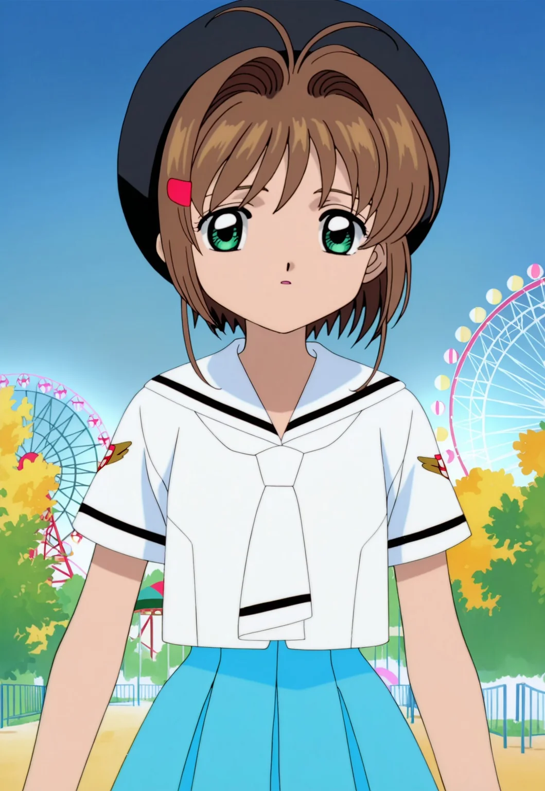 on-model, accurate art style, anime screencap, anime coloring, show accurate, cartoon screencap, movie accurate, official screencap, style parody, flat colors, official art, proper proportions, extremely detailed, newest, 2024, BREAK, 1girl, CCS_Sakura, kinomoto sakura, brown hair, short hair, bangs, antenna hair, hair intakes, green eyes, hat, white sailor collar, short sleeves, white shirt, hairclip, skirt, shirt, hair ornament, blue skirt, sailor collar, black headwear, BREAK, detailed background, outdoors, amusement park, BREAK, POV, cowboy shot, BREAK, vibrant colors, cinematic lighting, 75% soft lighting, 25% dark lighting, cardcaptor sakura movie 1