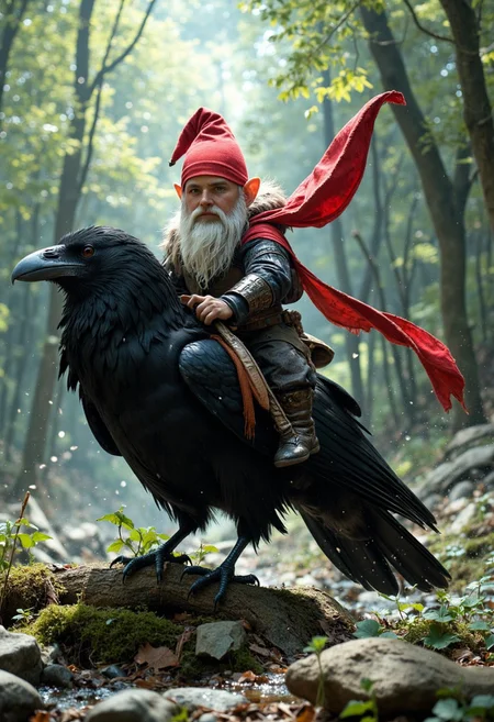 Create a photorealistic to war scene, one gnome boy riding a big crow. clear focus, high contrast, sharp, colorful, ultra high quality, 8k, best quality, masterpiece