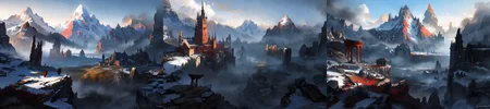 (otherworldly), highly insanely detailed, masterpiece, top quality, best quality, highres, 4k, 8k, RAW photo, epic medieval fantasy, 1boy, bird, fanmou, landscape, mountain, nature, outdoors, ruins, sky, solo, tree, winter, <lora:Fantasy_Mountains:0.7>, epiCPhoto, (fantasy world)