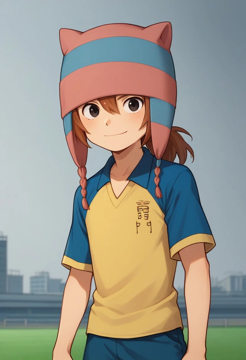 score_9, score_8_up, score_7_up, source_anime, highly detailed,
matsuno, 1boy, male focus, solo, brown hair, ponytail, black eyes, hat, animal hat, sportwear, raimon, soccer uniform, raimon soccer uniform, shirt, raglan sleeves, blue shirt, yellow shirt, short sleeves, shorts, blue shorts, smile,
outdoor,