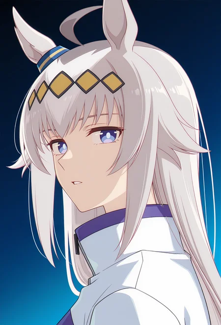 <lora:Oguri Cap_illustrious-000028:1>,
oguri cap \(umamusume\),solo,looking at viewer,horse ears,parted lips,portrait,white jacket,ahoge,from side,bright pupils,upper body