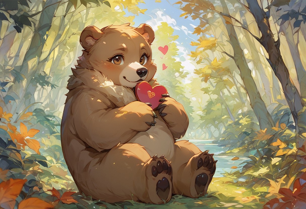 score_9, score_8_up, score_7_up, solo, (Brown) little bear, (Brown) eyes, small, sitting on hind legs, hugging a stuffed heart, facing viewer, day, forest, heart-shaped leaves, Valentine's Day theme,