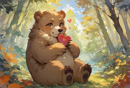 score_9, score_8_up, score_7_up, solo, (Brown) little bear, (Brown) eyes, small, sitting on hind legs, hugging a stuffed heart, facing viewer, day, forest, heart-shaped leaves, Valentine's Day theme,