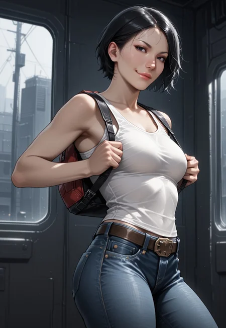 masterpiece, best quality, detailed, realistic, cowboy shot, small smirk 1girl, solo, sektor, short hair, black hair, black eyes, lips, tank top, belt, denim, jeans, backpack,