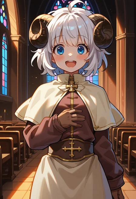 score_9, score_8_up, source_anime, 1girl, solo, blue eyes, white hair, short hair, ahoge, messy hair, sheep horns, sheep girl, AclytClth, white capelet, brooch, brown shirt, long sleeves, brown gloves, belt, white skirt, long skirt, happy, blush, open mouth, indoors, church, <lora:ChamFemaleAcolyteClothesPonyXL:1>