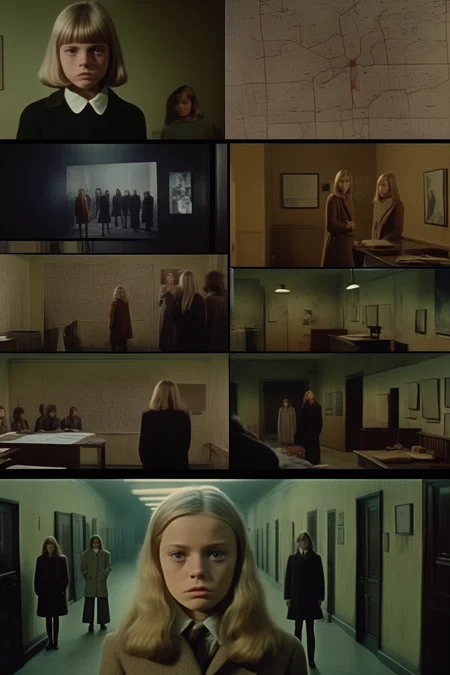 <lora:Director Lars von Trier style:1>Director Lars von Trier style - A 1970s cinematic scene from, horror, style of the movie Seven, closeup, a map on the wall with pictures of witnesses and statements pinned to it. connecting the pictures to locations on the map. The center photo is of a young 12 year old blonde girl. The atmosphere is tense, filled with suspense.,