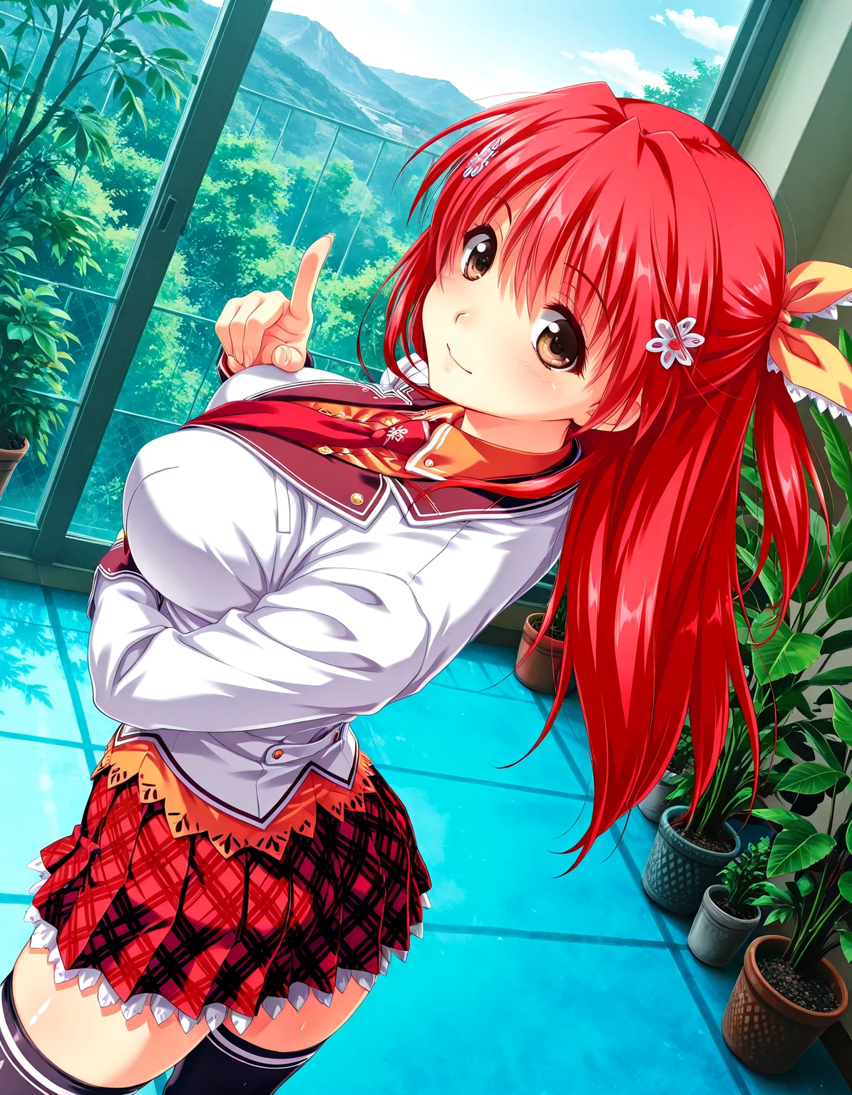 (1girl, solo:1.3), (2girls, 3girls, 4girls, multiple girls, 2boys, 3boys, 4boys, multiple boys:-1.5) <lora:Kohinata_Yuuka_Koi_Mekuri_Clover_Illustrious:0.9>, kohinata_yuuka, large breasts, brown eyes, red hair, long hair, bangs, hair between eyes, hair ribbon, hair ornament, school uniform, red necktie, necktie, plaid skirt, thighhighs, light smile, (half-closed eyes:0.7), general, contrapposto, dynamic pose, pointing at viewer, upper body, from behind, from above, dutch angle, indoors, conservatory, plant garden, (green theme:1.1), plant, potted plant, flower, (perspective:0.7), <lora:NOOB_EPSv1_1_detailer_by_vlnvk_v1_0:1.5>, (photo background:0.7), day, (tachibana yuu:0.6), inue shinsuke, (kazuma muramasa:0.0), saikawa yusa, (aoi manabu:0.6), abarerumidori, (suzui narumi:0.6), masterpiece, newest, absurdres, 8K, anime screenshot, anime coloring, flat color, official art, film grain, <lora:illustriousXLv01_stabilizer_v1.185c:0.7>, <lora:LECO_Solo:-4.0>,