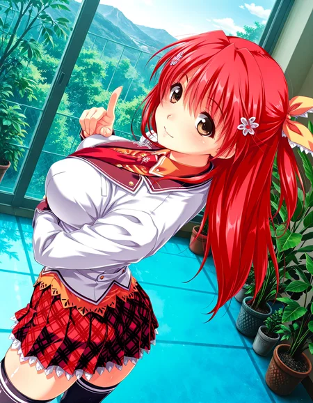 (1girl, solo:1.3), (2girls, 3girls, 4girls, multiple girls, 2boys, 3boys, 4boys, multiple boys:-1.5) <lora:Kohinata_Yuuka_Koi_Mekuri_Clover_Illustrious:0.9>, kohinata_yuuka, large breasts, brown eyes, red hair, long hair, bangs, hair between eyes, hair ribbon, hair ornament, school uniform, red necktie, necktie, plaid skirt, thighhighs, light smile, (half-closed eyes:0.7), general, contrapposto, dynamic pose, pointing at viewer, upper body, from behind, from above, dutch angle, indoors, conservatory, plant garden, (green theme:1.1), plant, potted plant, flower, (perspective:0.7), <lora:NOOB_EPSv1_1_detailer_by_vlnvk_v1_0:1.5>, (photo background:0.7), day, (tachibana yuu:0.6), inue shinsuke, (kazuma muramasa:0.0), saikawa yusa, (aoi manabu:0.6), abarerumidori, (suzui narumi:0.6), masterpiece, newest, absurdres, 8K, anime screenshot, anime coloring, flat color, official art, film grain, <lora:illustriousXLv01_stabilizer_v1.185c:0.7>, <lora:LECO_Solo:-4.0>,