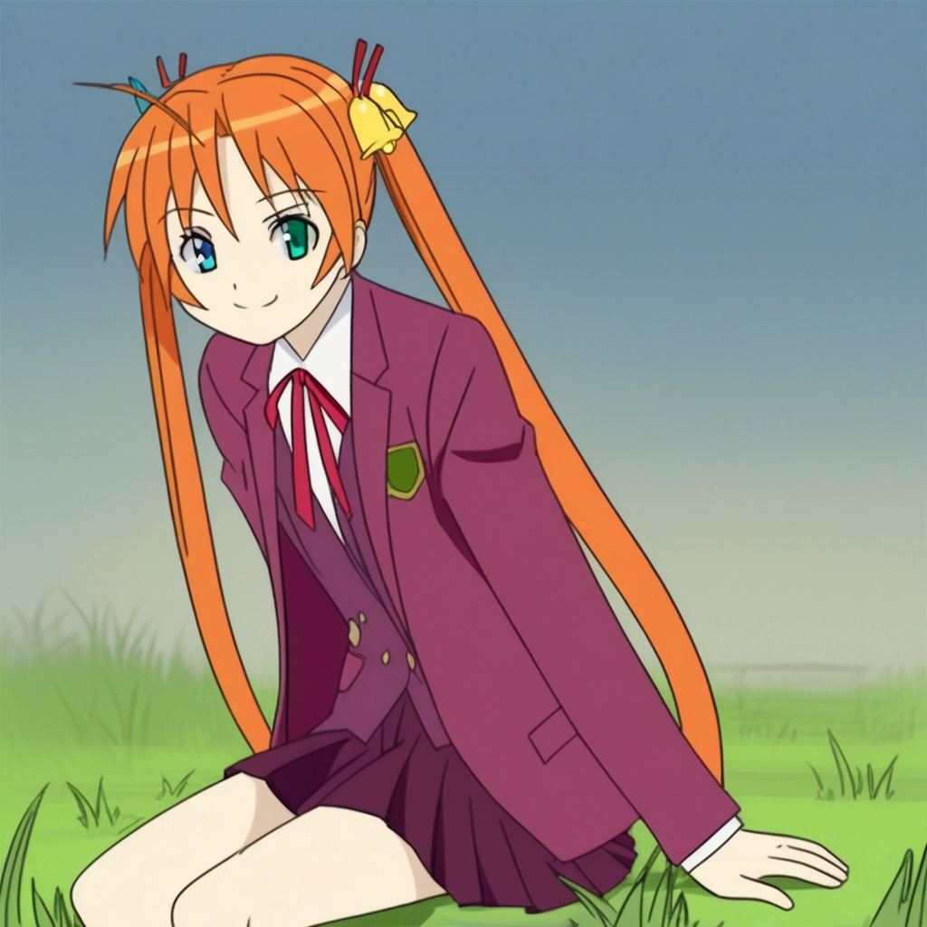 score_9, solo, asuna_k, 1girl, orange hair, long hair, twintails, bell, hair ornament, heterochromia, school uniform, jacket, skirt, sitting, grass, smile, looking at viewer