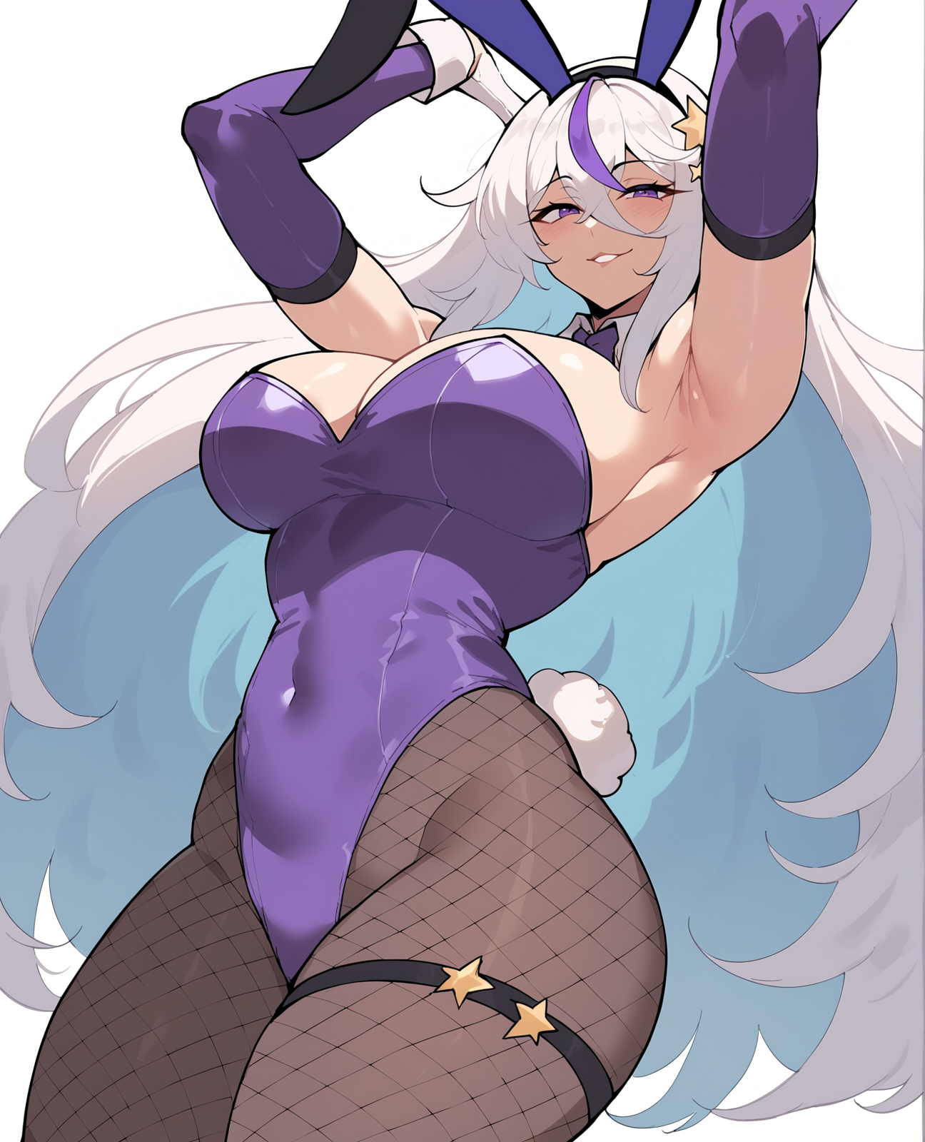 score_9, score_8_up, score_7_up, score_6_up, 1girl, animal ear hairband, animal ears, armpits, arms up, bare shoulders, black hairband, black pantyhose, blush, breasts, cleavage, covered navel, cowboy shot, detached collar, elbow gloves, fake animal ears, fishnet pantyhose, fishnets, gloves, hair between eyes, hair intakes, hair ornament, hairband, highleg, highleg leotard, large breasts, leotard, long hair, looking at viewer, multicolored hair, multicolored leotard, official alternate costume, pantyhose, parted lips, playboy bunny, pole dancing, purple eyes, purple leotard, rabbit ears, rabbit tail, simple background, smug, solo focus, star \(symbol\), star hair ornament, strapless, strapless leotard, streaked hair, tail, thigh strap, thighs, two-tone leotard, very long hair, white background, white gloves, white hair, white leotard, <lora:NyantchaV1:1>,
